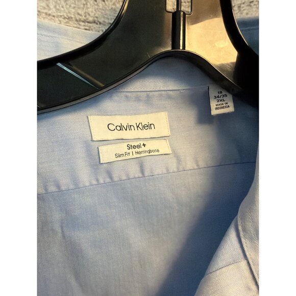 Calvin Klein Mens Steel+ Slim Fit Herringbone Button-Up Dress Shirt 18 32/33 - Picture 2 of 3
